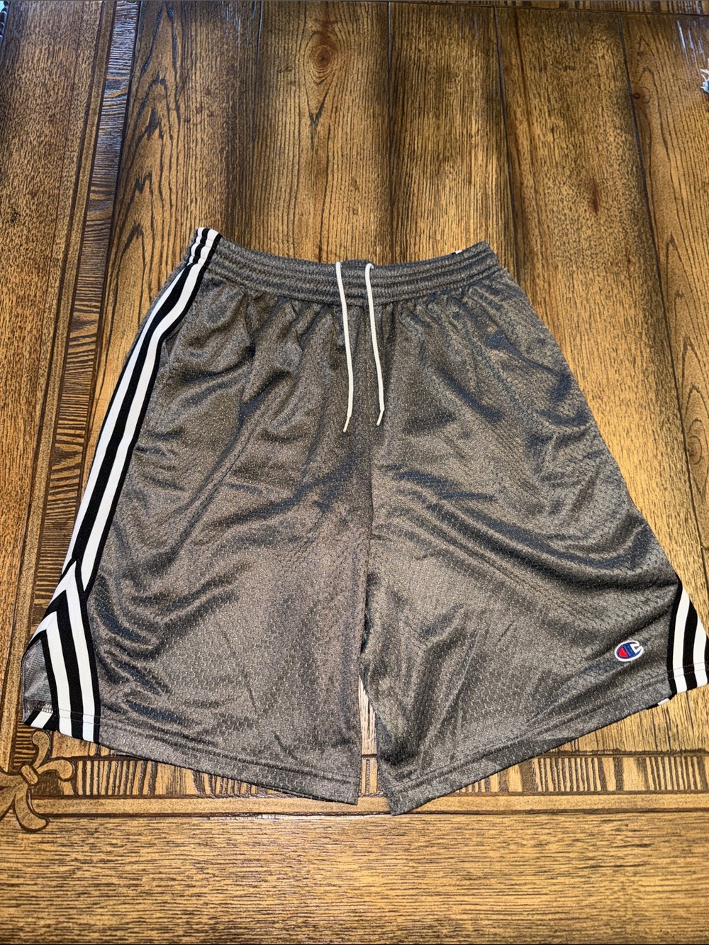 Champion Men's Gray Mesh Athletic Shorts with Black & White Side Stripes